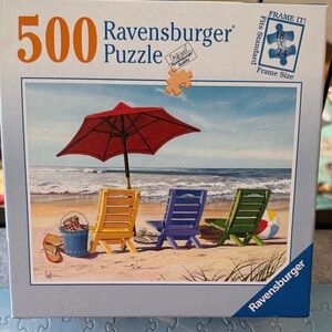 Ravensburger Beach Puzzle with Red Umbrella and Colorful Chairs